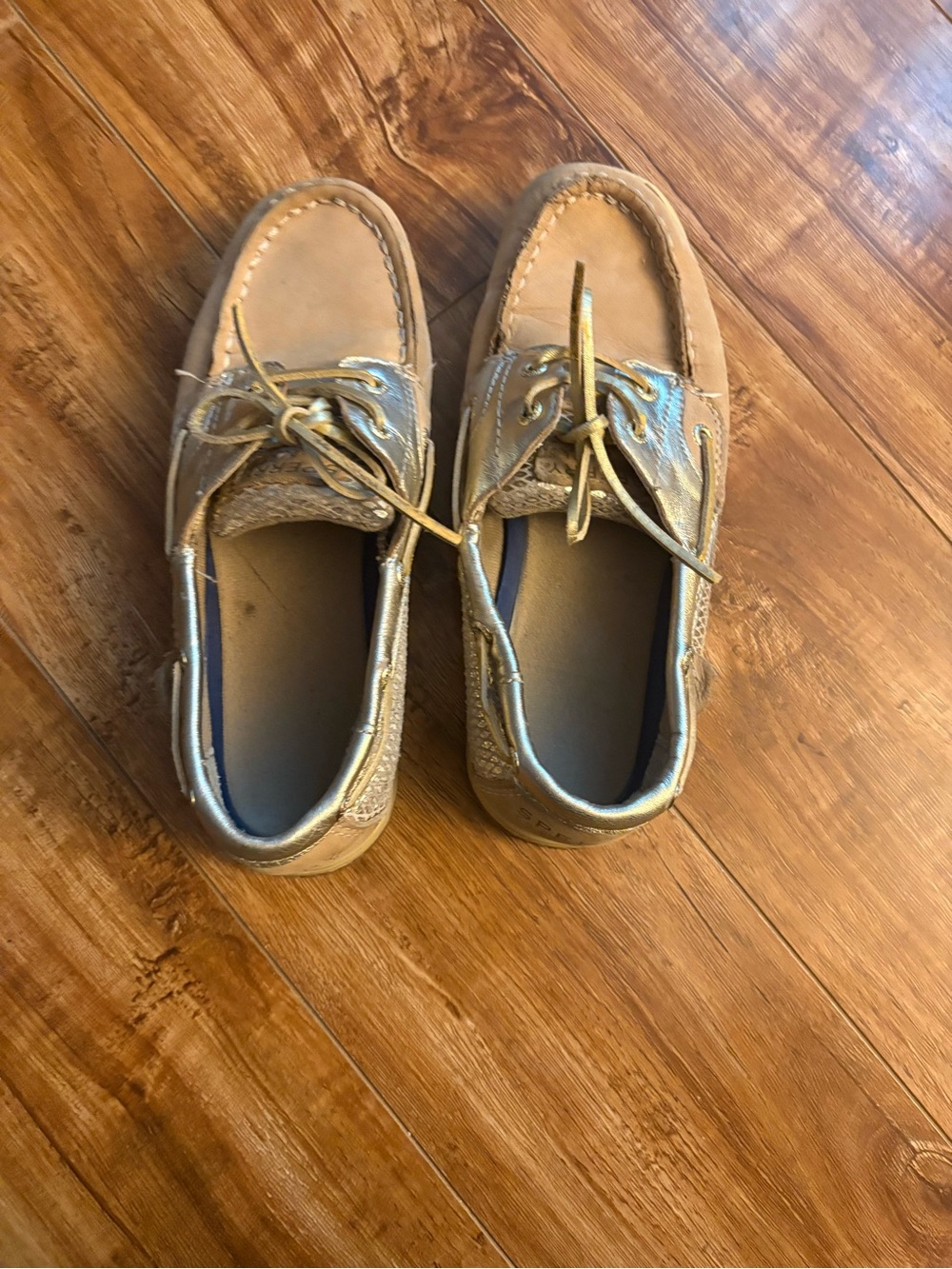 Sperry Kids Moccasin Boat Shoes in Light Brown with Gold Accents